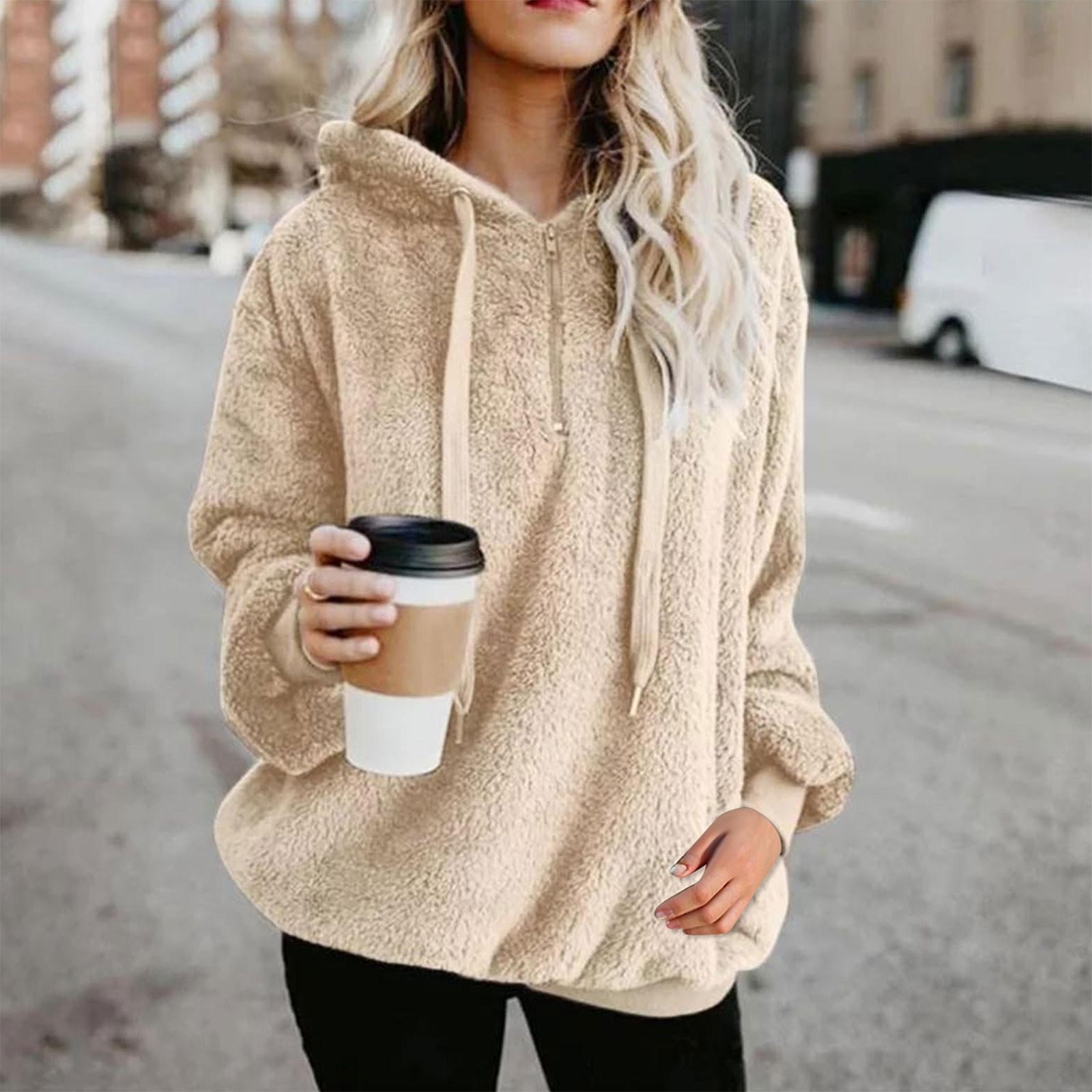 

Женская модная однотонная толстовка с капюшоном и длинными рукавами на молнии из плюша XXL бежевый