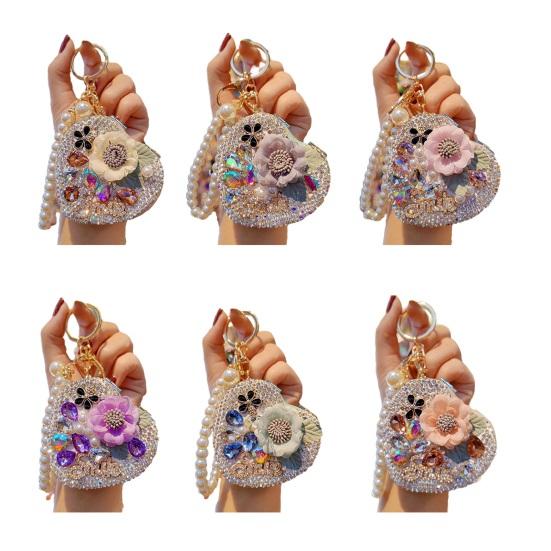 Folding Mirror Keychain Women Portable Makeup Mirror Rhinestone Faux Pearl Chain Sparkling Mirror Pendant for Touch-Ups Handbag