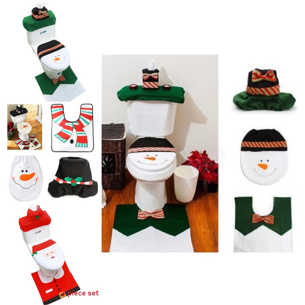 Christmas Themed Santa Claus Snowman Pattern Toilet Cover Three Piece Set For Holiday Bathroom Decor