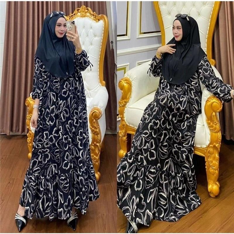 Muslim Floral Print Maxi Dress Women's Long Sleeve O-Neck Loose Abaya Casual Ramadan Kaftan For Middle East