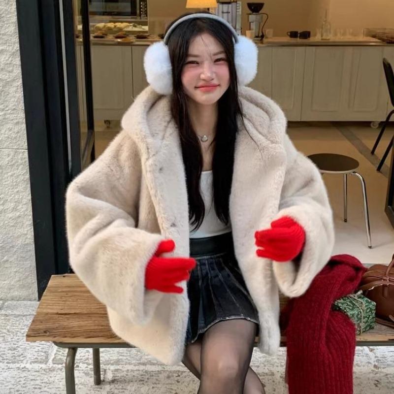 Cappotto in pelliccia sintetica con cappuccio spesso da donna, autunno e inverno