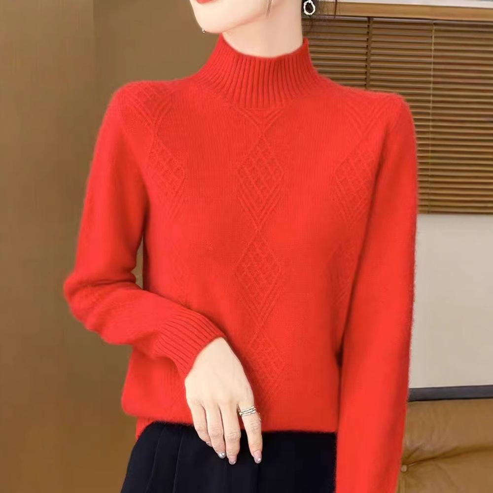 Half High Collar Jacquard Knitted Sweater Women's Autumn and Winter Solid Color Knitted Sweater Long Sleeved Loose Thick Pullover