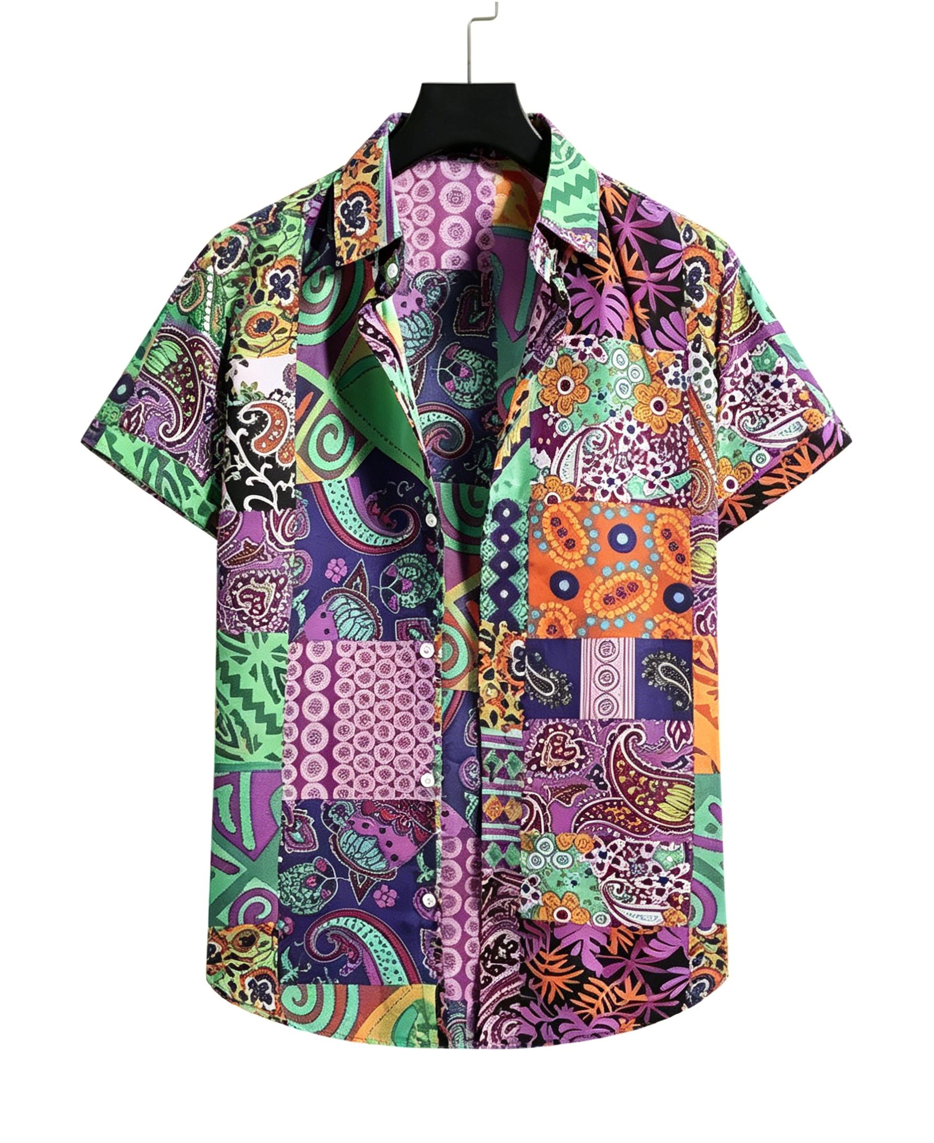 Frühlings- und Sommerhemd mit Kragen in Blau mit Paisley-Patchwork-Print, Lässiges Oberteil für jeden Tag oder den Urlaub 5XL black