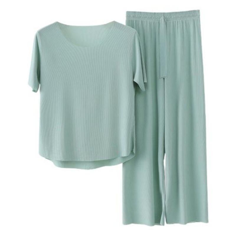 2 Teile/satz Frauen Pyjamas Nahtlose Eis Seide Rundhals Kurzarm Einfarbig Elastische Taille Breite Bein Lose Weiche Atmungsaktive Homewear top Hosen Set