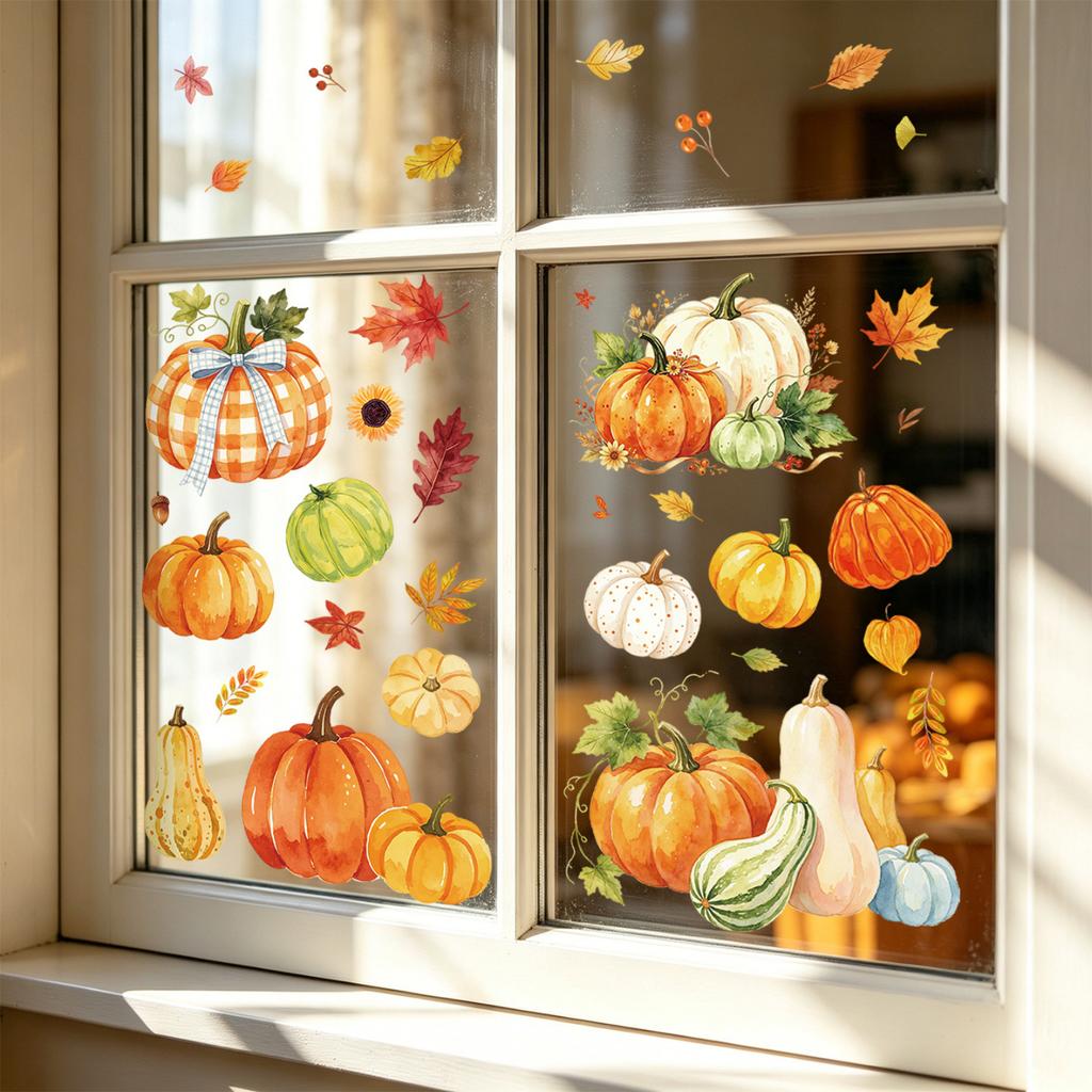 Aquarell-Kürbis und Ahornblatt Statische Fensteraufkleber, Herbst Thanksgiving Glasfensterdekorationen, Ohne Klebstoff Abziehbilder