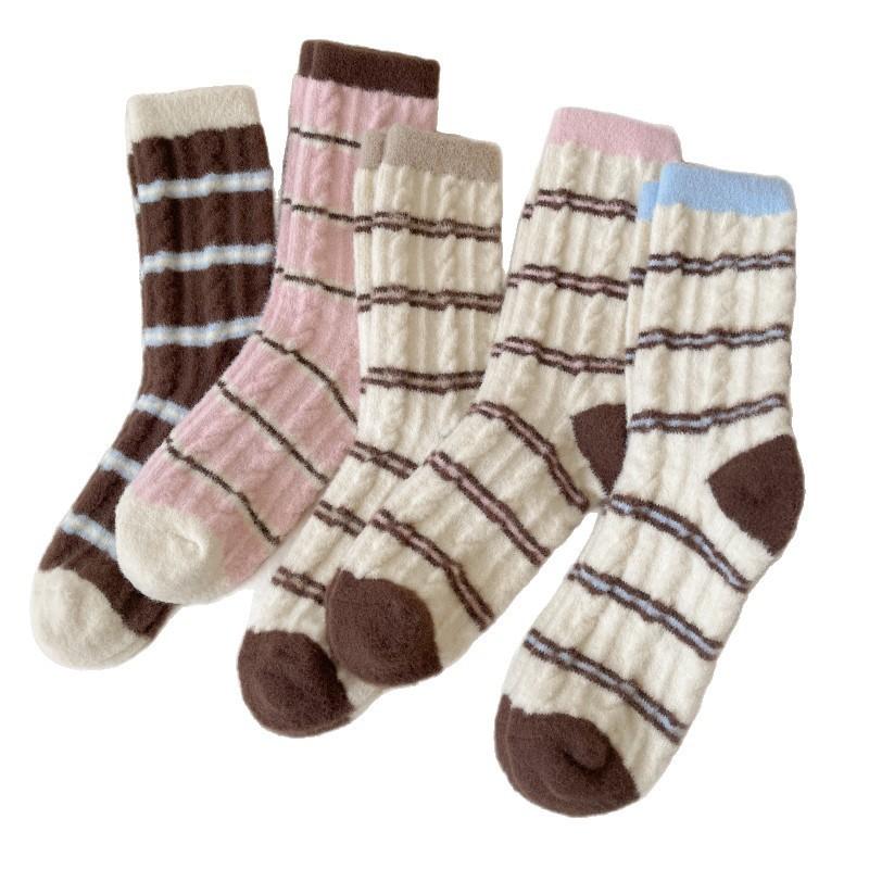 Winter Thick Socks Striped Color Blocking Warm Plush Thickened Plush Striped Mid-Leg Socks Piled Up Sleep Socks At Home