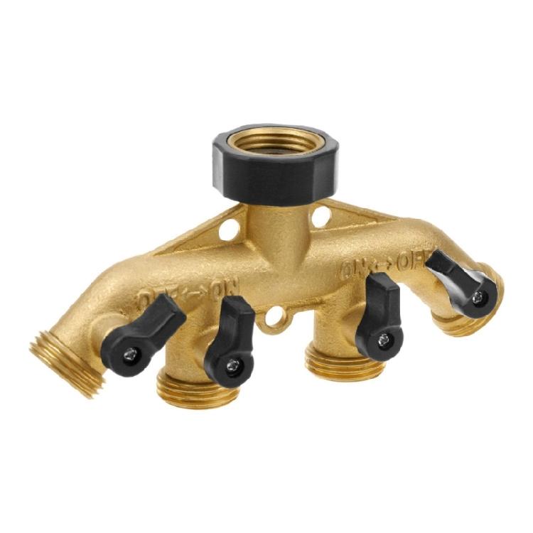 Brass 4 Way Hose Splitter for Outdoor Watering High Flowing Support Multiple Hose Connection Simultaneously Supplies
