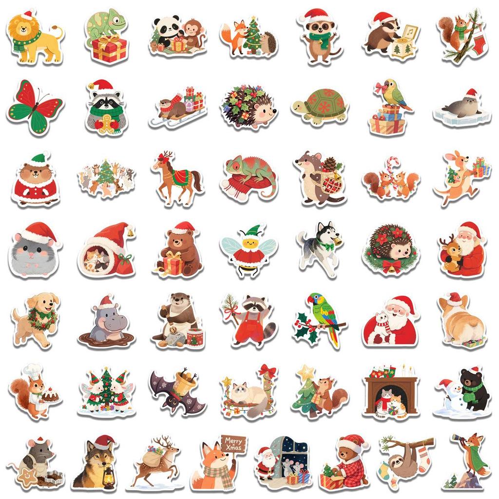 50 Christmas Animal Celebration Doodle Stickers for DIY: Water Bottles, Luggage, Notebooks