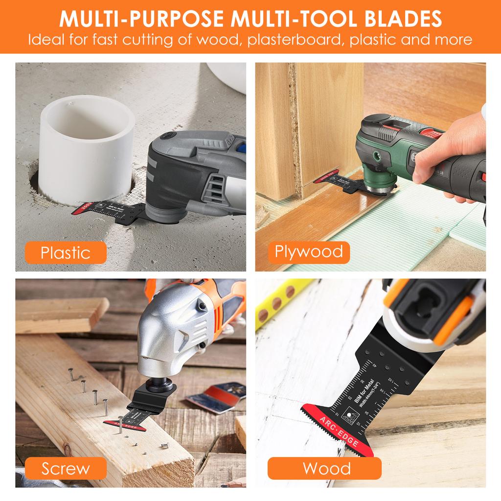 10 Stück Bi-Metall-Oszillierende Sägeblätter, multifunktionale oszillierende Multitool-Sägeblätter mit 3 Abstandshalteradaptern, Arc Edge Multitool