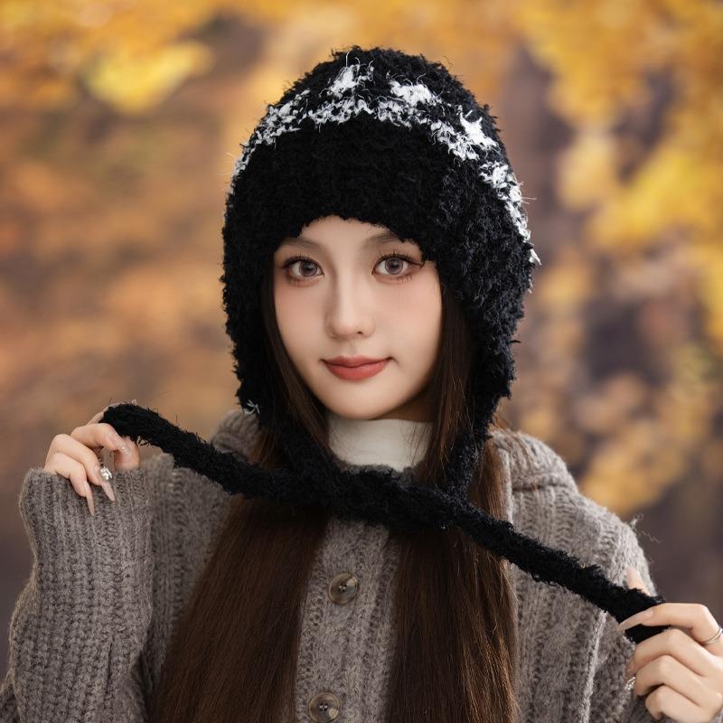 Winter hat women's large brim shows the face small knitted hat ear protection fashion versatile plush warm wool hat