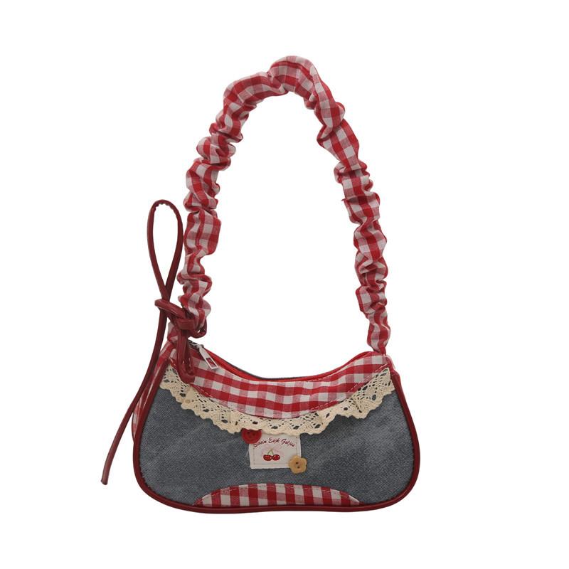 Sweet Cherry Print Handbag With Lace Trim And Plaid Strap - Retro Cute Tote For Women, Lightweight and Fashionable Daily Use