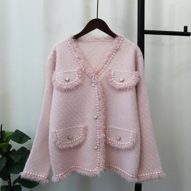 Autumn and Winter New Imitation Mink Velvet Knitted Cardigan Love Buckle High-end Temperament Sweater Jacket Women