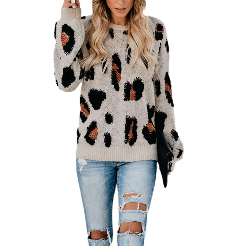 Womens Leopard Print Round Neck Sweater