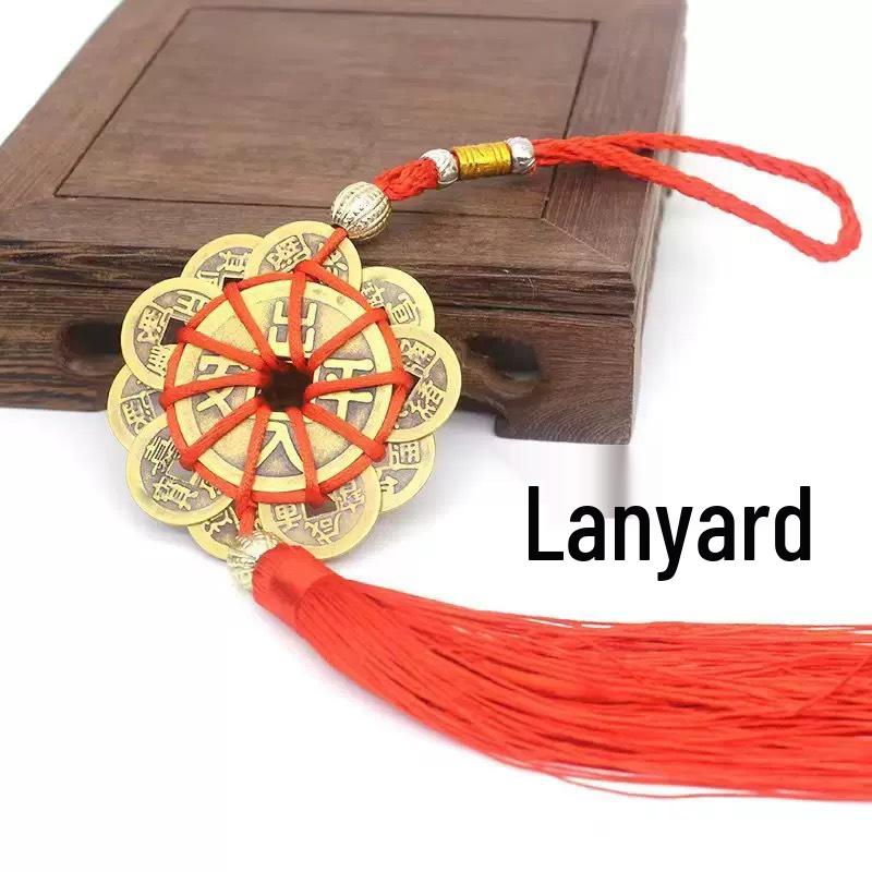Fu Lu Zhen Zhai Chinese Gourd Pendant with Five Emperors Copper Coins and Gold Edge – Wealth Knot Ornament Gift