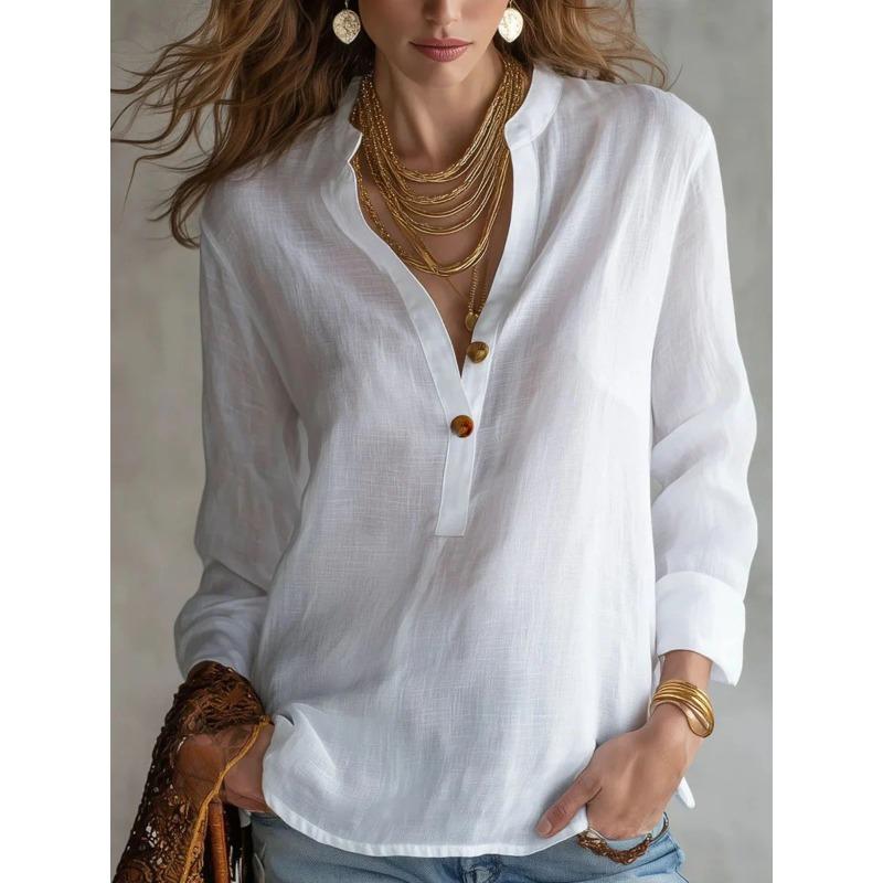 TIFICY Women s Fashion Casual Spring Autumn Solid Color Print Long Sleeve V-Neck Blouses & Shirts S