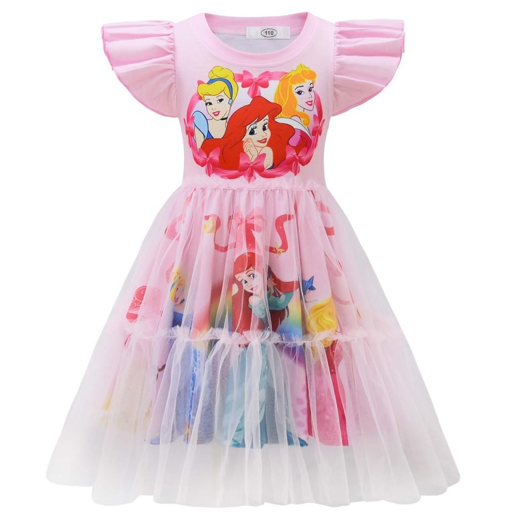 98040 Kids Girls Ariel Cinderella Print Round Neck Mesh Dress 110 розовый