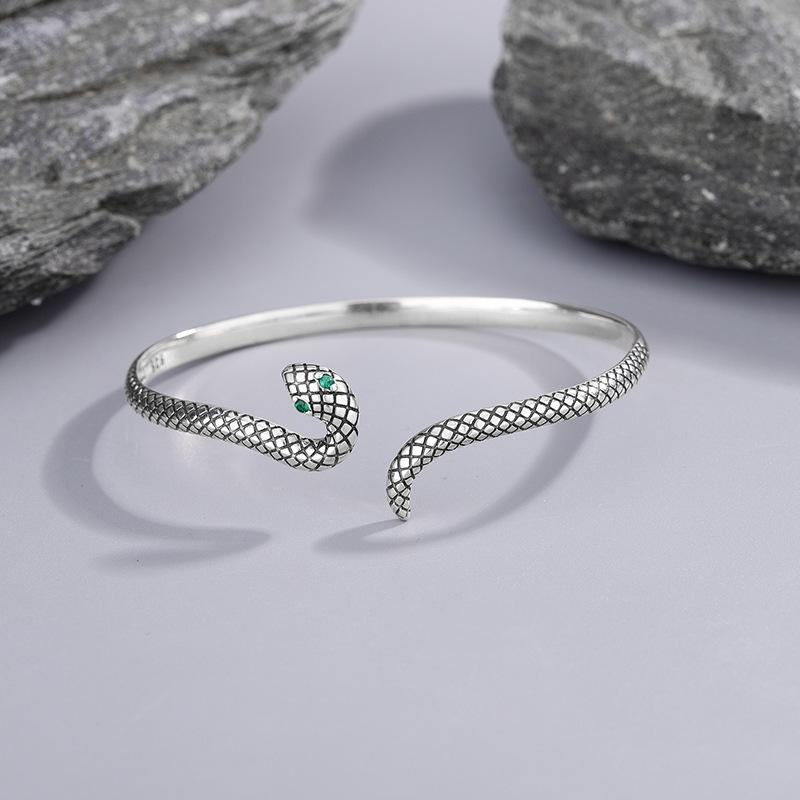 Retro Vintage Snake Bangle 925 Sterling Silver Jewelry Green-Eyed Stone Personality Animal Opening Bracelets TYB641
