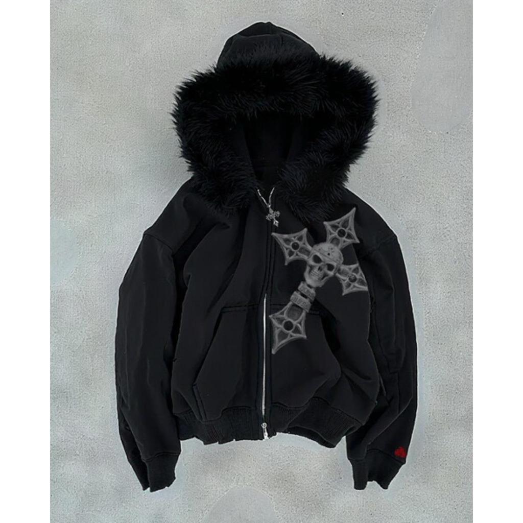 STREETRICH Fur Collar Cardigan Zipper Hooded Jacket Autumn and Winter Punk Hip-hop Rock Dark Style Rock Fashion All-match Y2K Retro Jacket