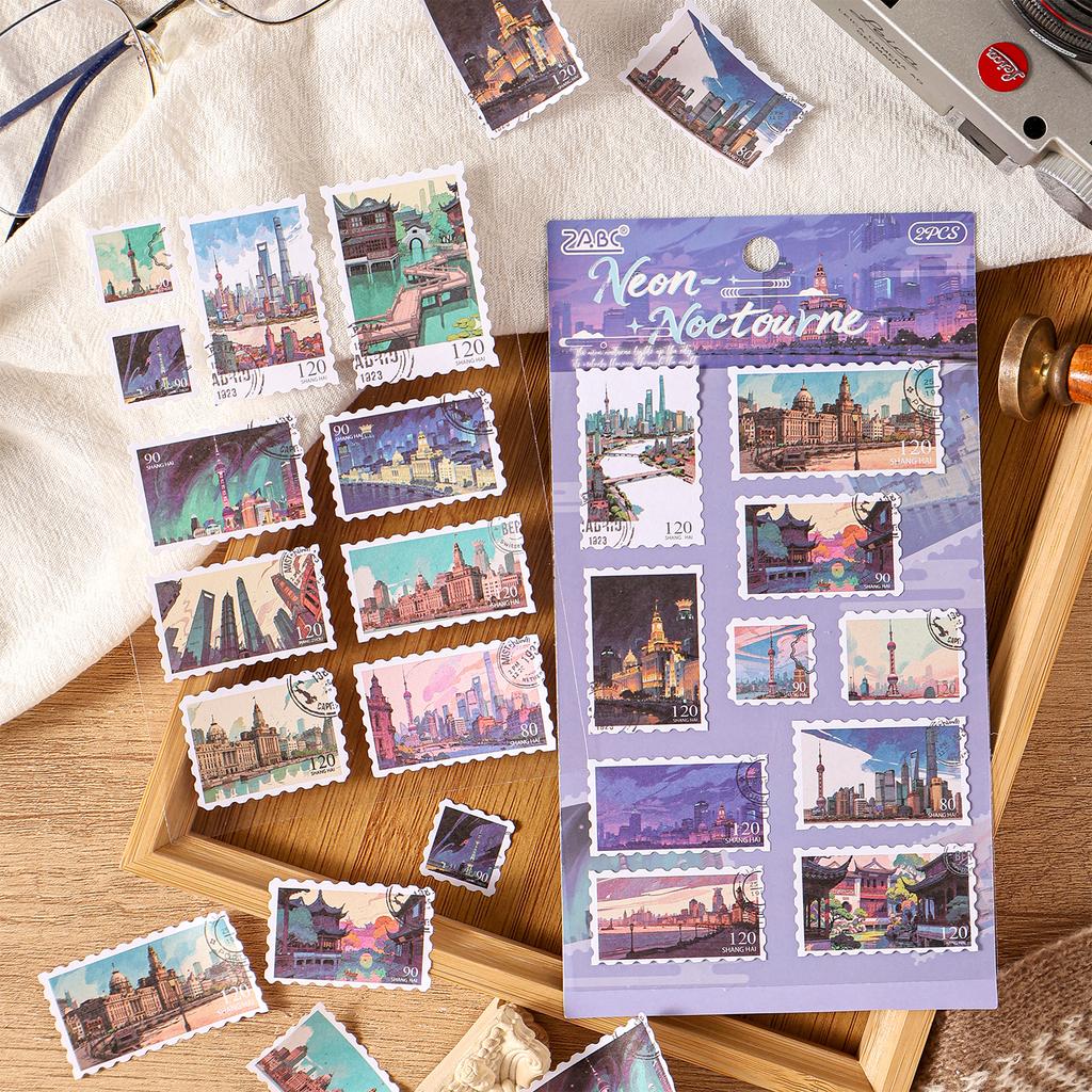 2sheets Ins City Scenery Adhesive Stamp Stickers DIY Handmade Scrapbook Message Envelope Decoration Aesthetic Stickers