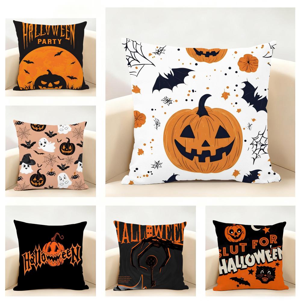 Halloween Witch Hat Skull Cushion Cover Linen Pillowcase Soft for Sofa Bed Home Room Decor