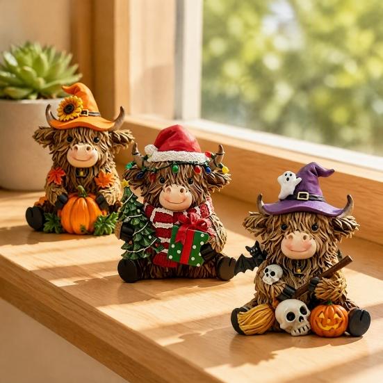 Small Decorative Figurines 3Pcs Highland Cow Figurine, Resin Yak Statues for Thanksgiving Christmas, Healing Gifts Friends Farmhouse Tabletop