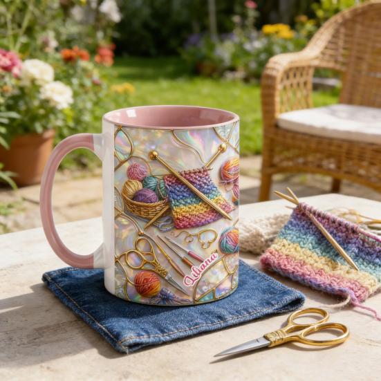 Strick- und Nähwerkzeuge Tasse 11oz Personalisierte Kaffeetasse mit Nähmaschine- und Garn-Drucken Nähgeschenk für Frauen