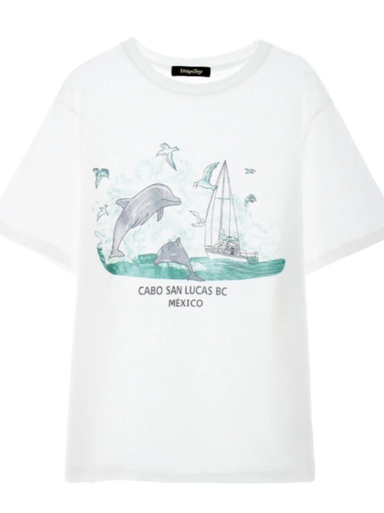 American Retro Dolphin Print Oversized Cotton T-shirt - Women's Trendy Straight Shoulder Short Sleeve