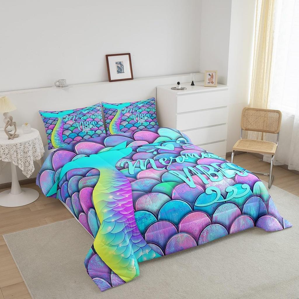 Erosebridal Mermaid Comforter Set Twin Size, Kids Fish Scales Duvet Sets, Girly Rainbow Bedding Set for Boys Teens Women Bedroom, Ocean Life