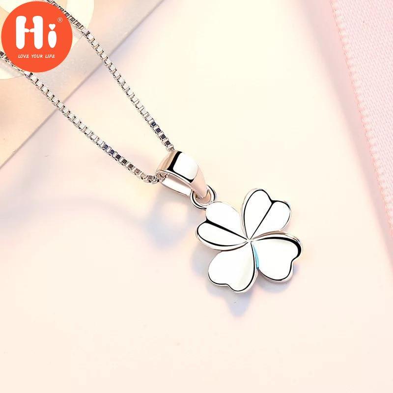 Hi Authentic Four Leaf Clover Charm Box /Link Chain Necklace Ladies Silver Color Lucky Clover Jewelry