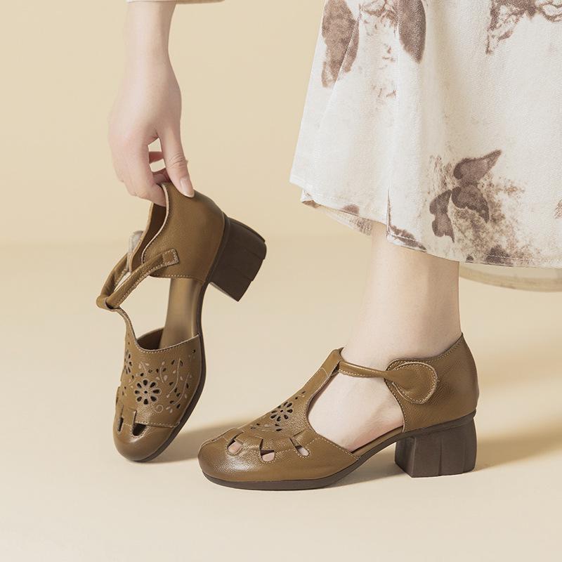 2026 Summer Women's Chunky Heel Leather Sandals - Soft Sole, Retro Hollow-Out Design