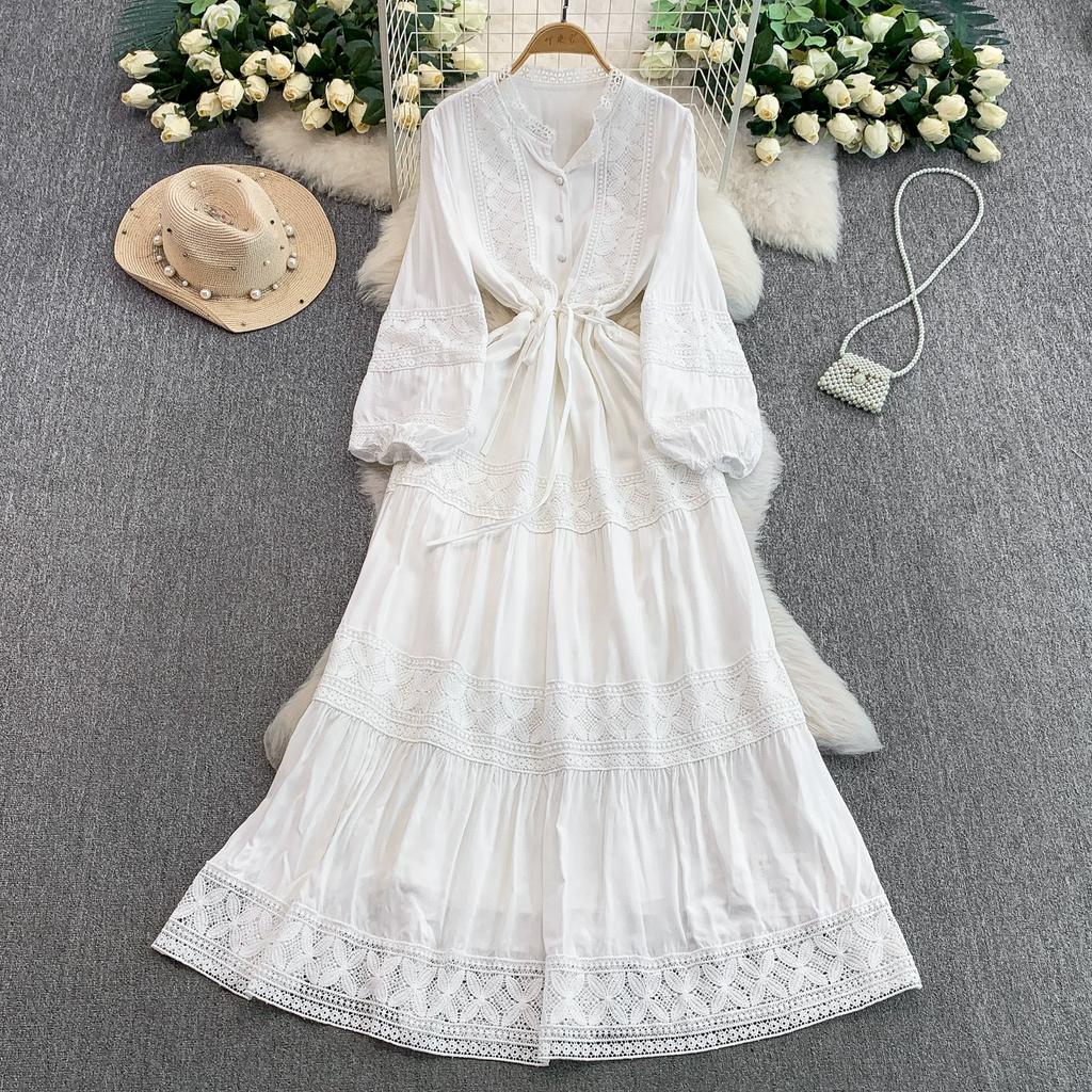 Lace Patchwork Round Neck Long Sleeved Dress for Women In Spring  Autumn Buttoned Drawstring Waist Cinching Slimming Cake Women Dress