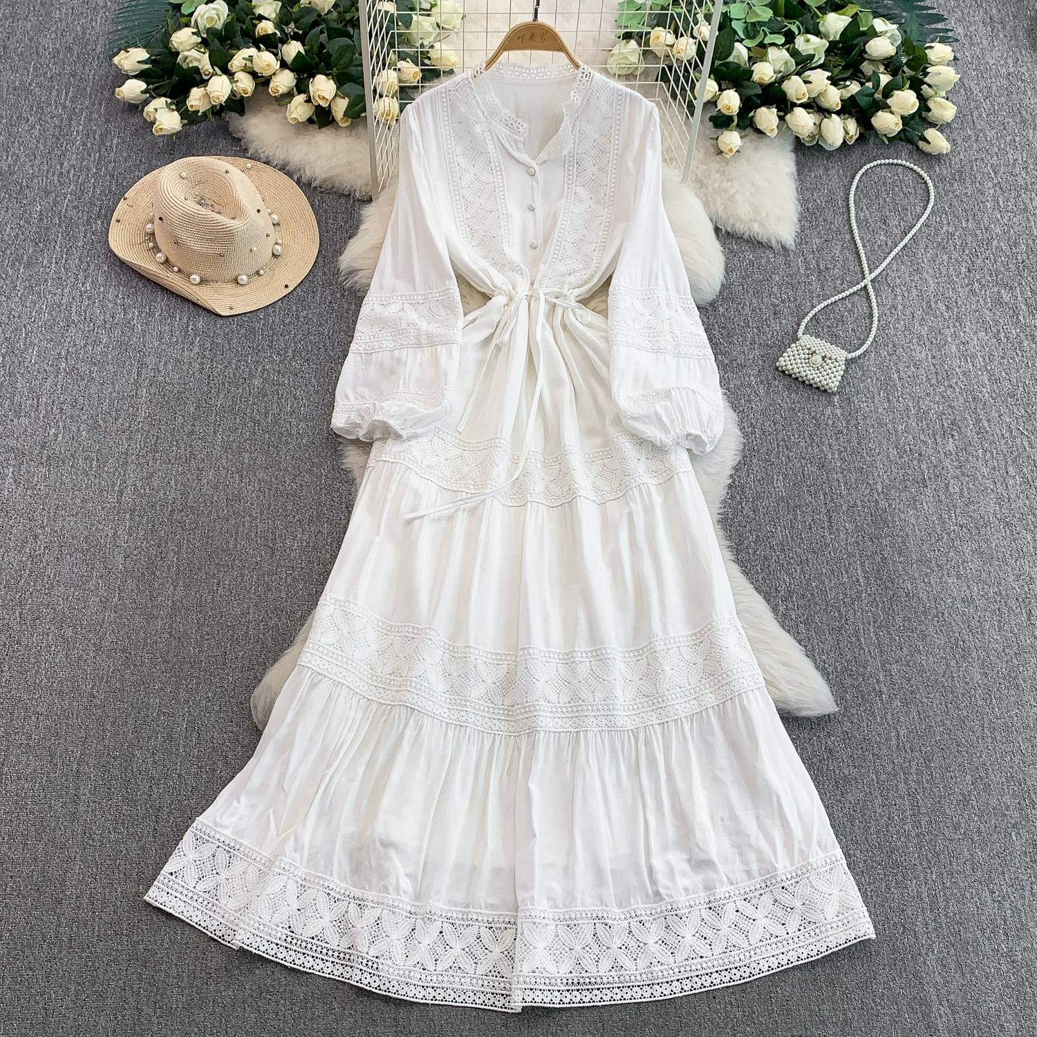 

Кружевное лоскутное платье с круглым вырезом и длинными рукавами для женщин Весной Осенью на пуговицах с кулиской, подчеркивающей талию, приталенное, платье-торт для женщин One size белый