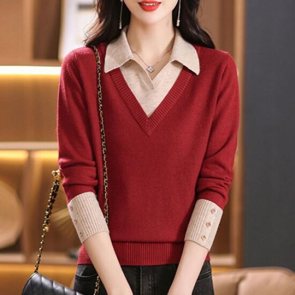Navava Casual Simple Two In One Long Sleeve Collar Knit Nk1630