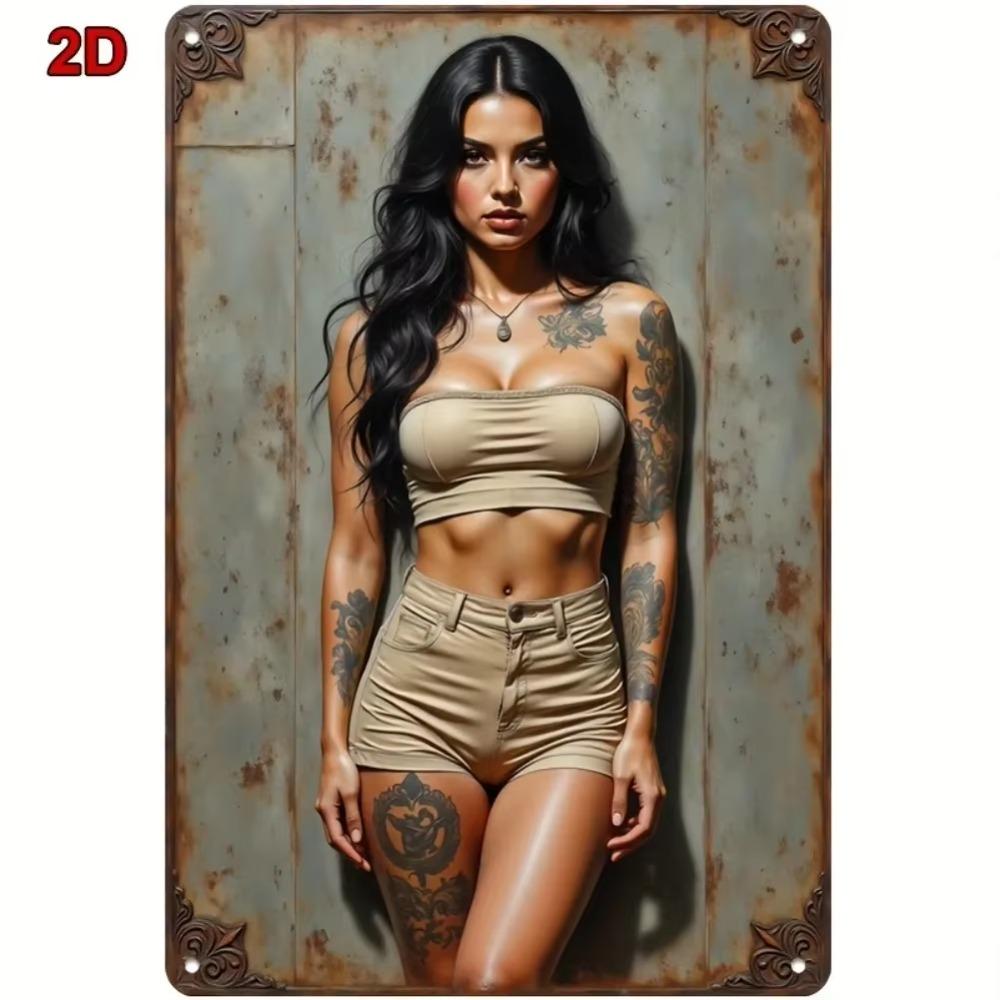 Retro Tatto Dívka Kovový Plechový Značka Vintage Nástěnná Dekorace 8x12 Domácí Bar Kavárna