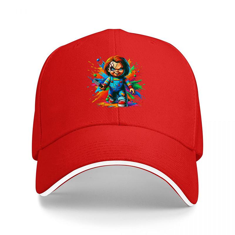 Chucky Horror Movie Character Baseball Cap Black Adjustable Hat with Colorful Splash Design for Fans of Classic Horror Films