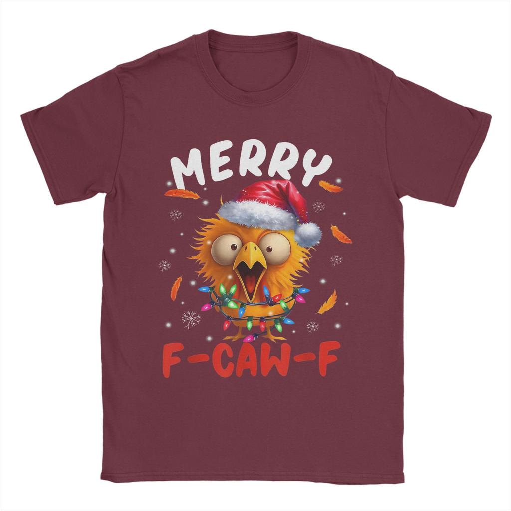 Merry F-Caw-F Christmas Chicken Xmas T-Shirts for Men Cool 100% Cotton Tee Shirt Round Neck Short Sleeve T Shirts
