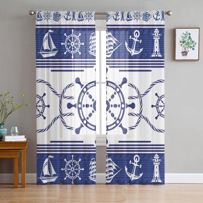 Ster Kotwica Niebieskie Paski Przezroczyste Zasłony do Dekoracji Salonu Zasłony Okienne do Kuchni Tiulowe Woalowe Organzowe Zasłony