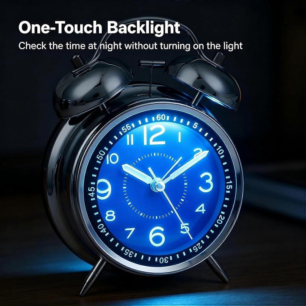 Retro Twin Bell Loud Alarm Clock for Heavy Sleepers, Silent Non-Ticking Analog