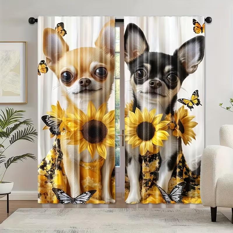2Pcs Cute Yorkshire Terrier Print Curtains,suitable for Bedroom,living Room Kitchen Decoration,home Decoration,window Decoration