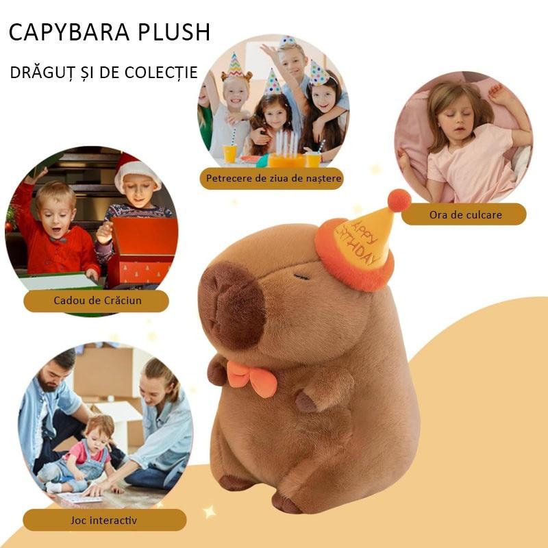 Capybara Plush Toy 25cm Brown Birthday Theme Soft Animal Stuffed Doll with Hat Safe Material Perfect Gift for Kids & Adults