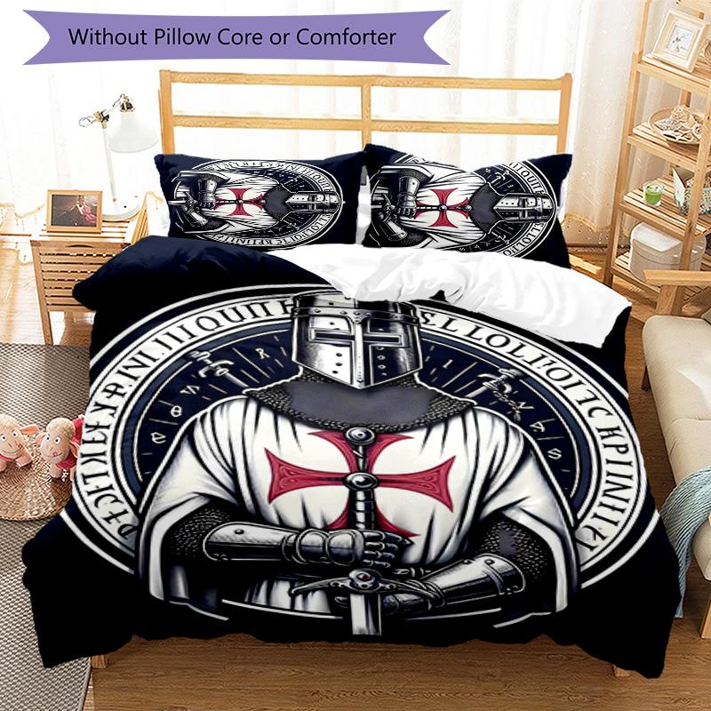 3pcs Knights Templar Pattern Bedding Set Duvet Cover Set Includes Duvet Cover &pillowcases, Perfect All Season Bedroom Decoration & Gift