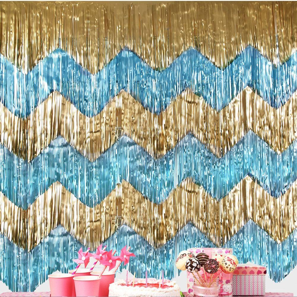 PET Metallic Foil Foil Fringe Curtains Silver Gold Color 6.56ft Length Hanging Backdrop Decor Wavy Shiny Finish 50x200cm Size