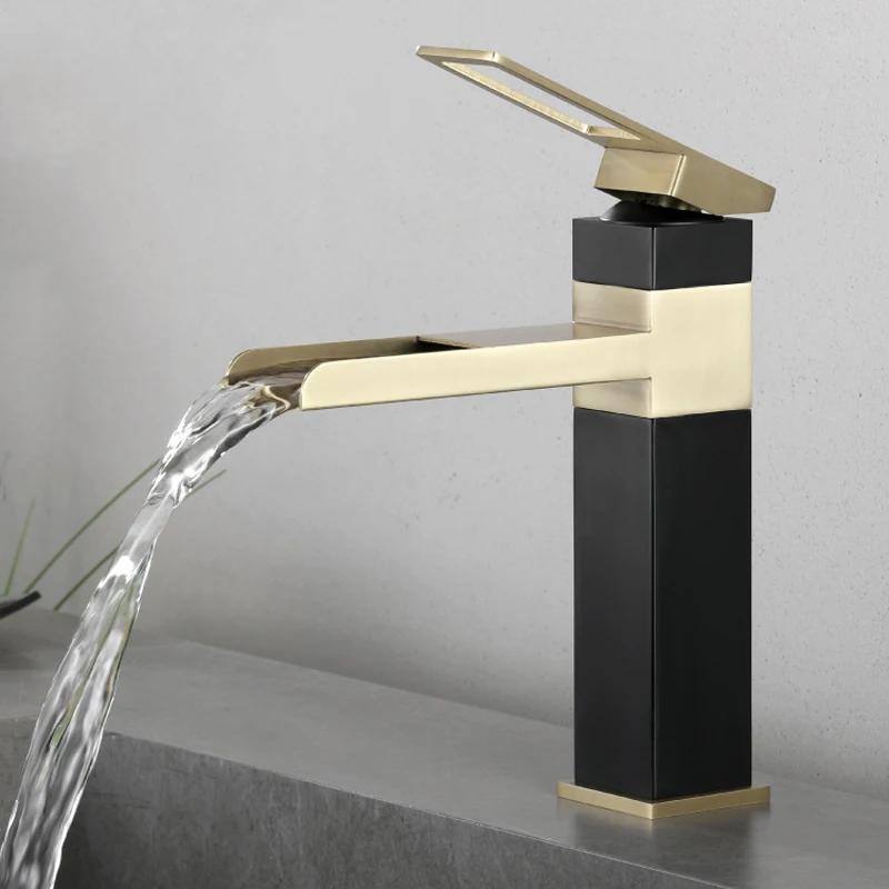 Black Gold Faucet Stainless Steel Waterfall Faucet Mixed Faucet Countertop Hot Cold Mixed Water Taps Bathroom Faucet Single Hole