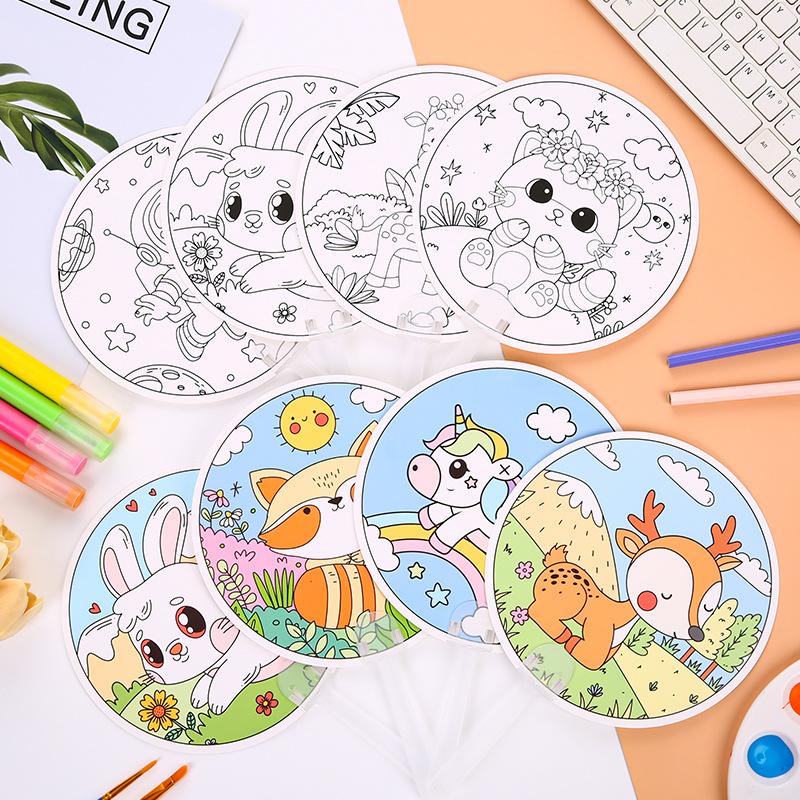 5/10pcs Mini Round Fan Paper Portable Cartoon Pattern DIY Graffiti Children Drawing Summer Household Daily Necessities TMZ