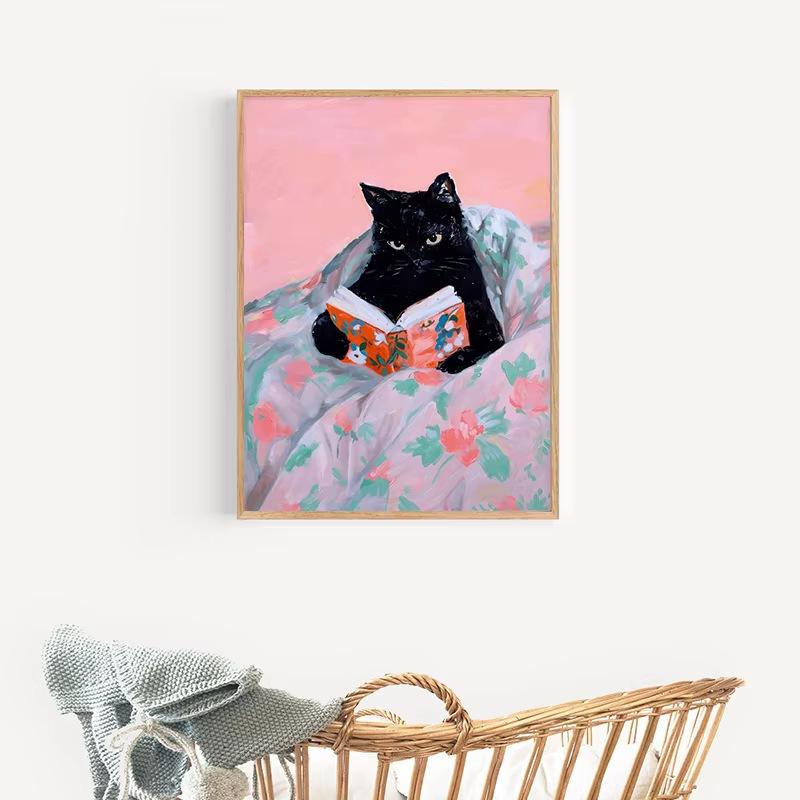 Funny Tabby Cat Reading Books Art Poster Vintage Cute Animals Wall Canvas Painting Book Lover Pet Gift Decoration Pictures Print