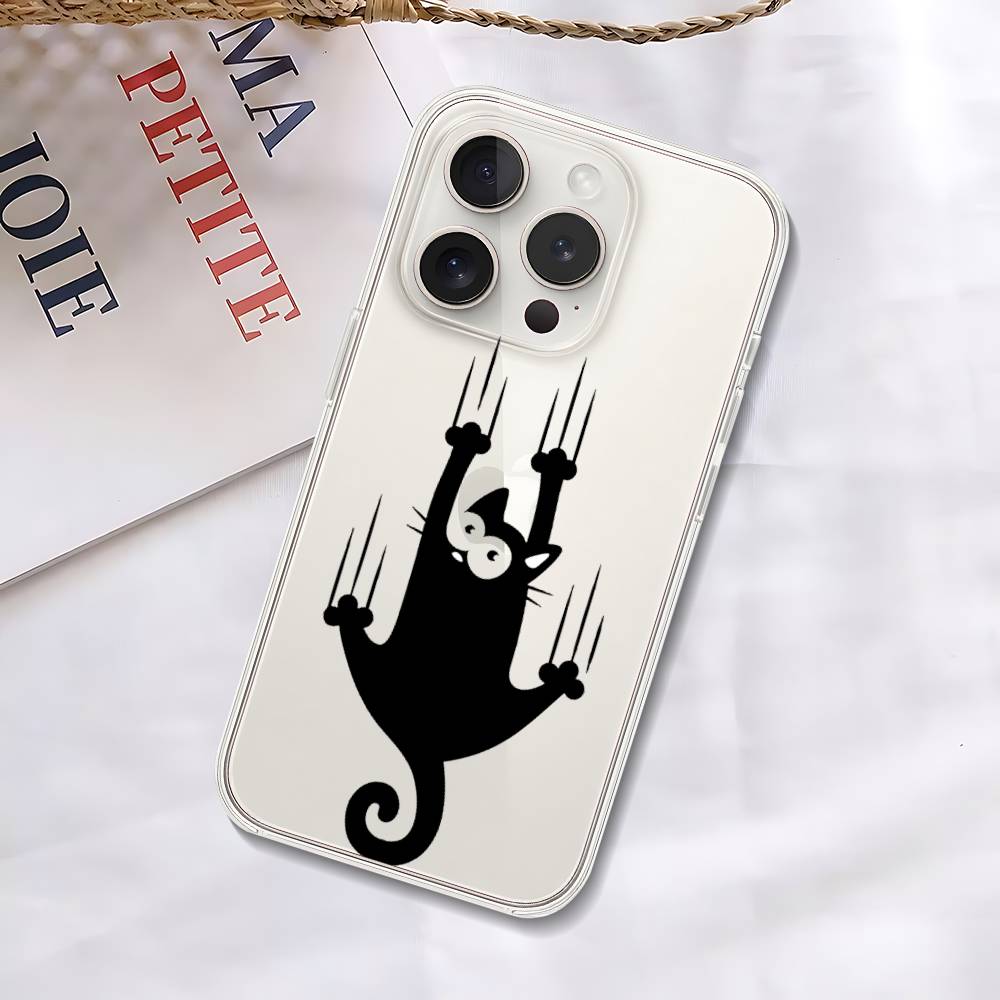 Black Cat Scratching Wall Phone Case Soft Transparent Case For IPhone 17 16 15 14 13 12 11 Pro Max Mini Plus Shockproof Cover Ca