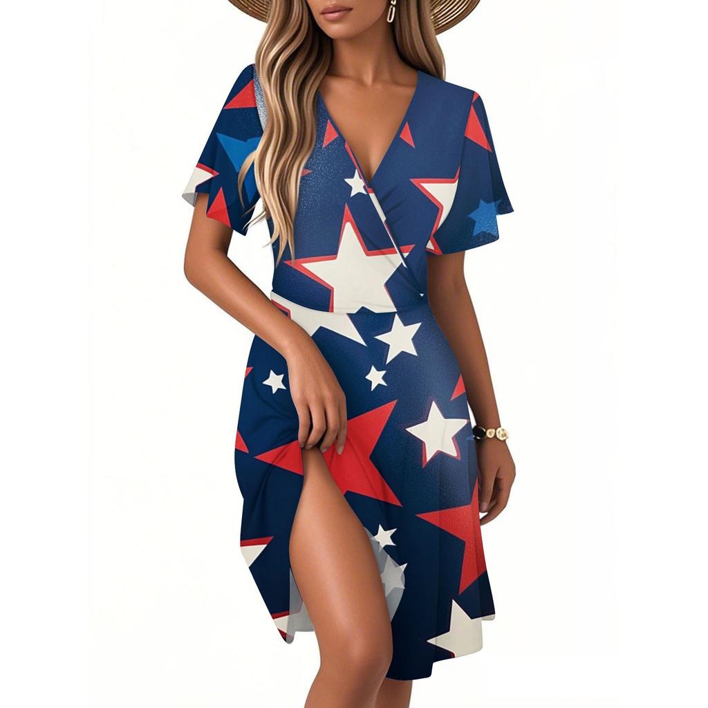 Kvinners Casual Mote Kjole Vintage Blomstermønstret Blomster Kort Erm V-hals Kjole