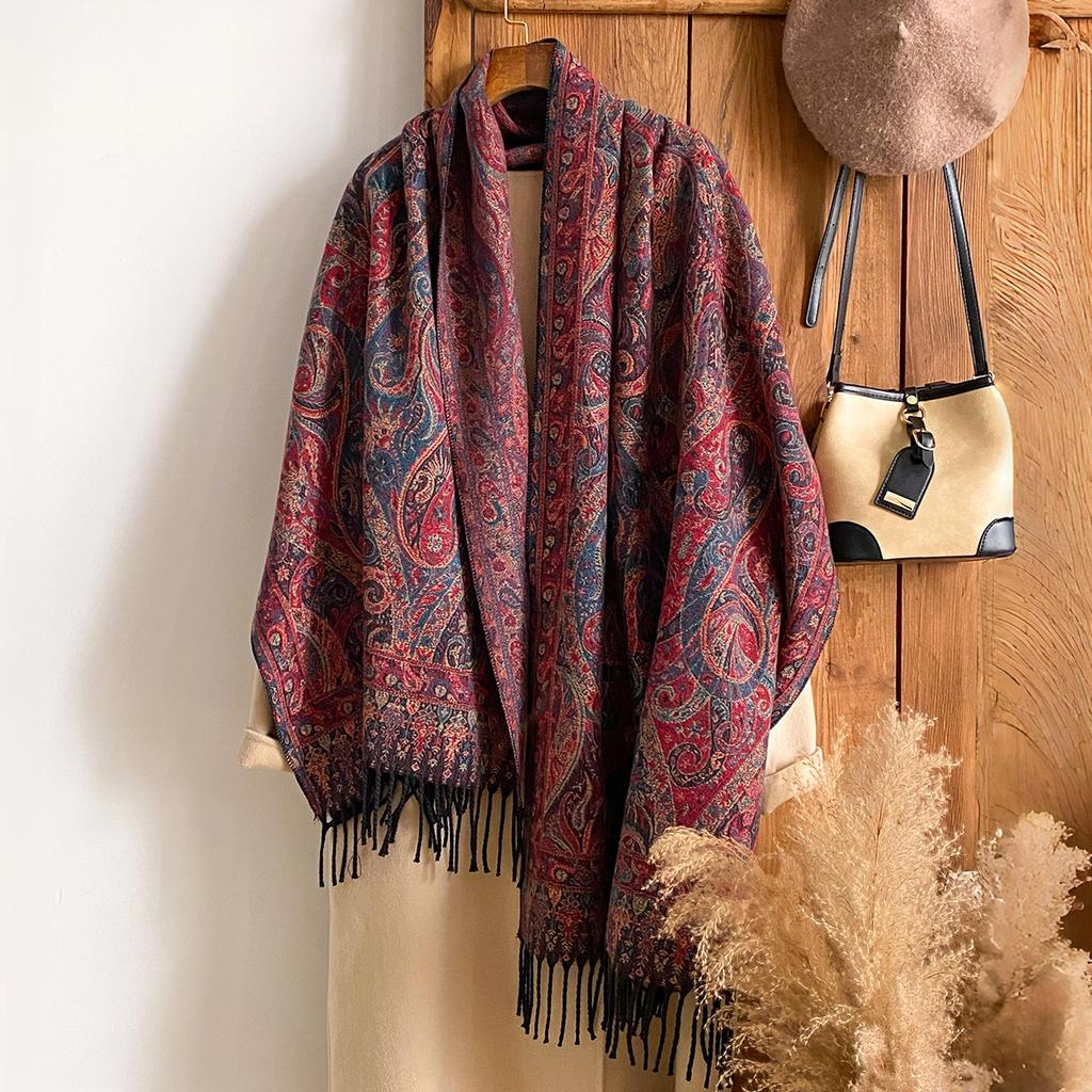 Rand Fashion Dámský zimní kašmírový šál - Vintage květinový potisk s třásněmi ve stylu olejomalby Pašmína Silný přehoz & Šála