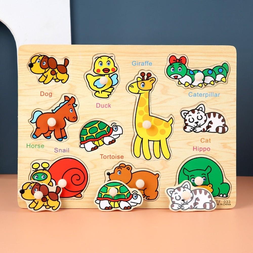 Cartoon Grasp Boards 3D Wooden Puzzle Animal Digit Grasp Boards Puzzle Sensory Play Alphabet Montessori Learning Children
