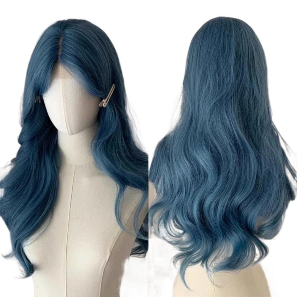 Middle Part Sea Blue Color Wigs Body Wave Cosplay Lolita Wigs Long Curly Hair Daily Wear